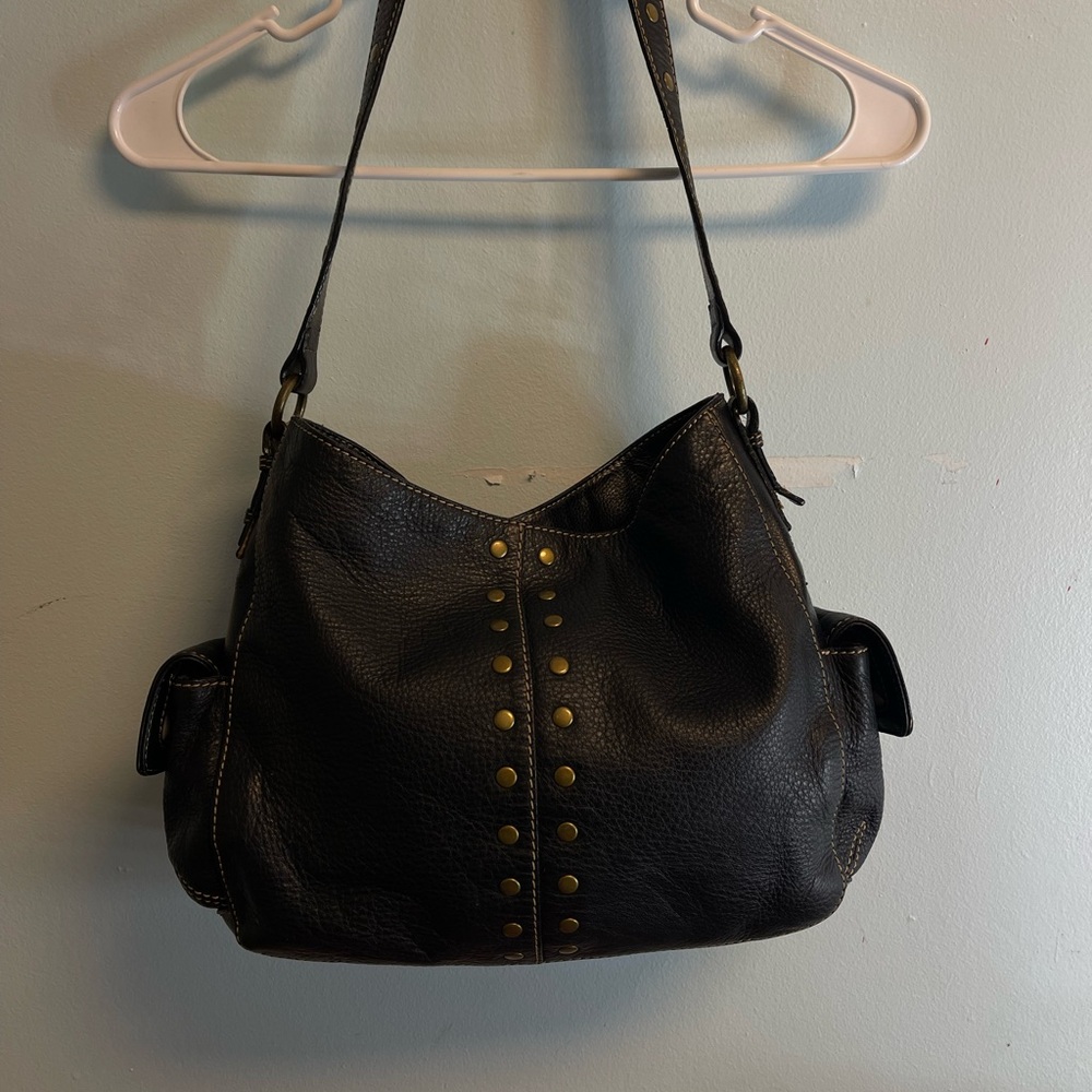 The Sak Snap Black Pebbled Leather Metal Studded Hobo Shoulder Handbag